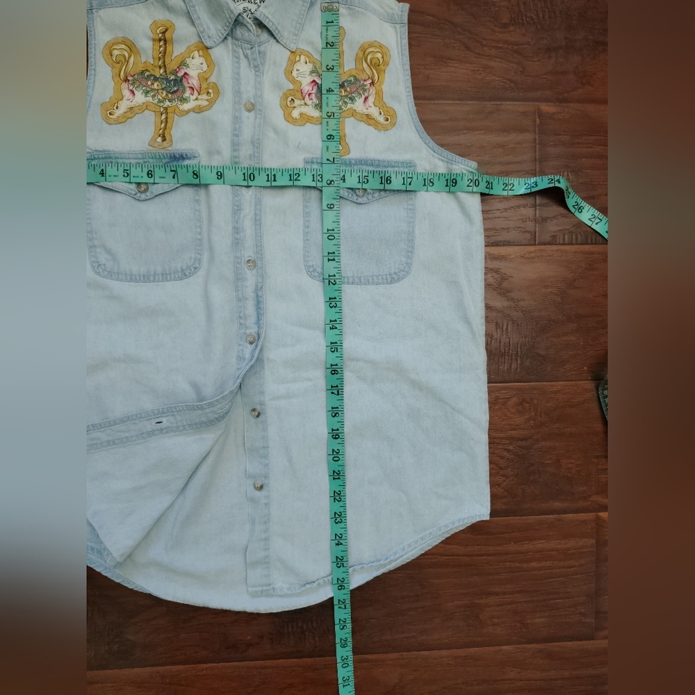 Custom vintage 90s carousel cats sleeveless denim button down Size M - Picture 5 of 6